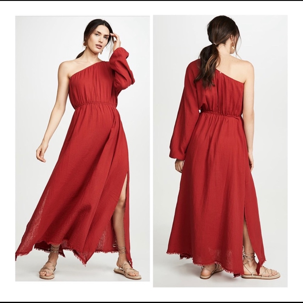 Red Carter one shoulder maxi dress.